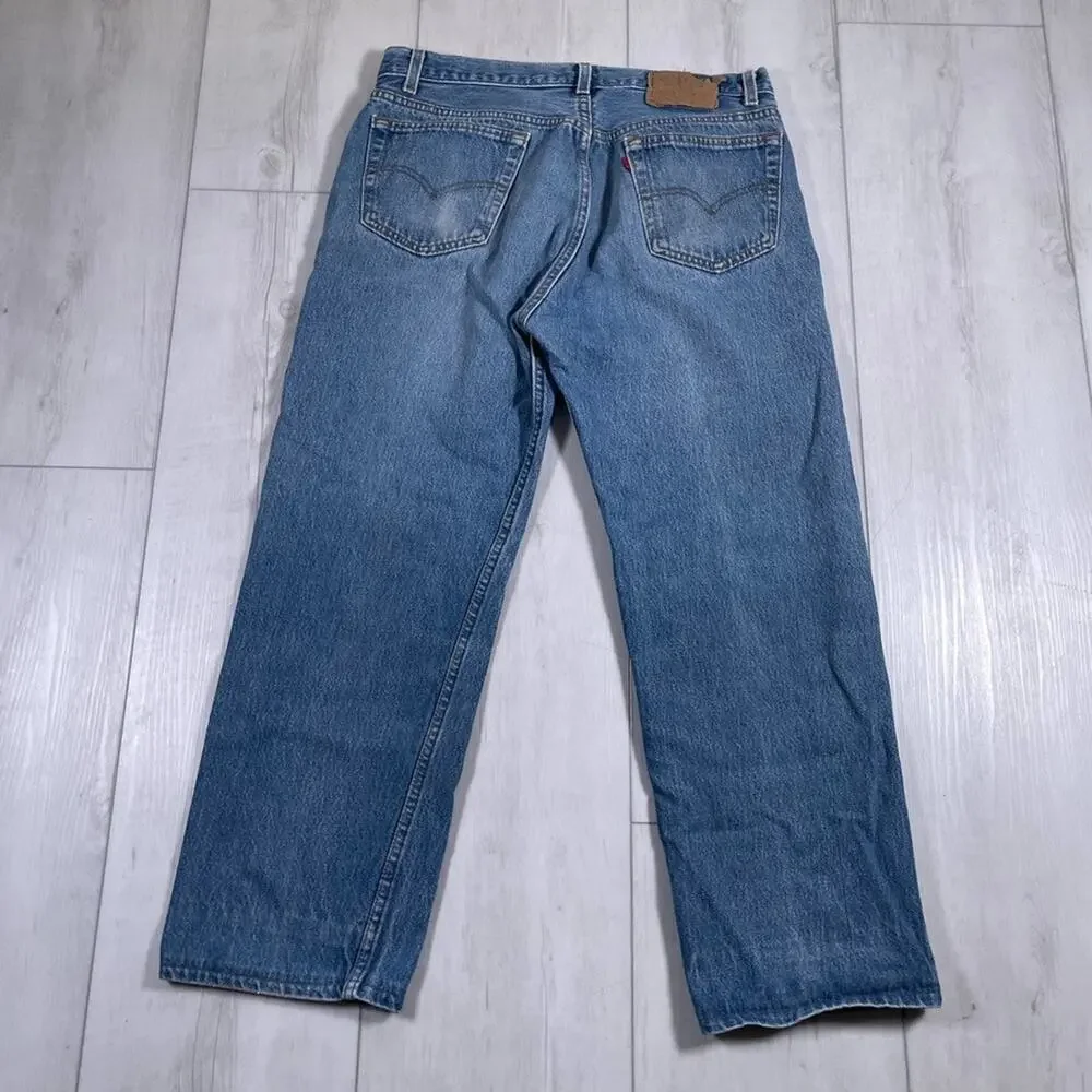 Levis Jeans 501 Premium Mens 36x26* (hemmed) Blue Distressed Buttonfly VTG